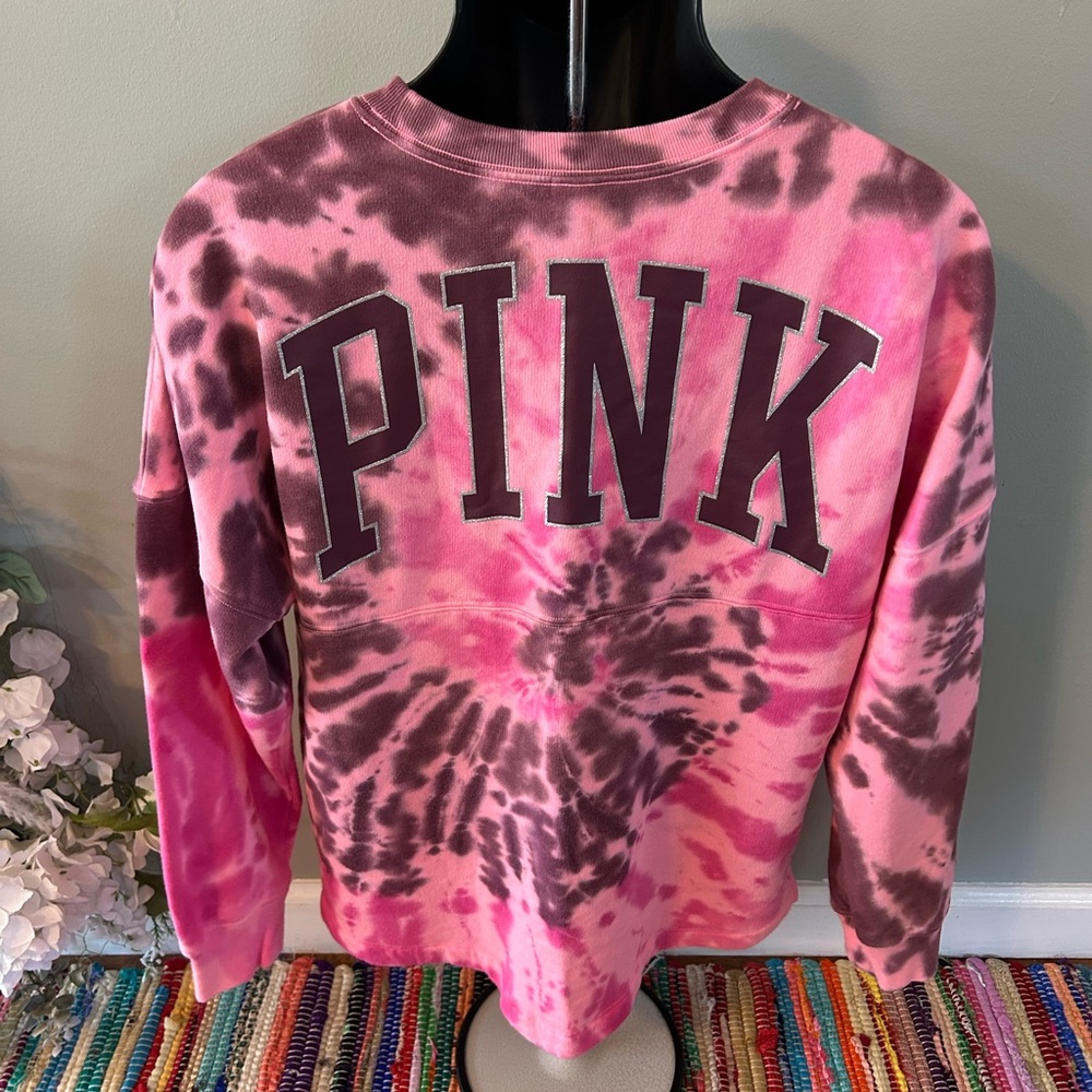 NEW Pink Tie Dye Crewneck Sweatshirt Sparkle Graphic Extra Small XS - Picture 3 of 5